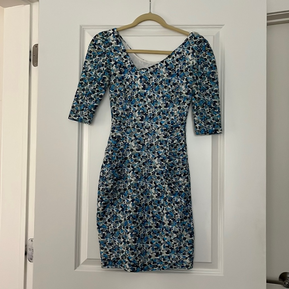 Reiss blue floral ruched bodycon dress